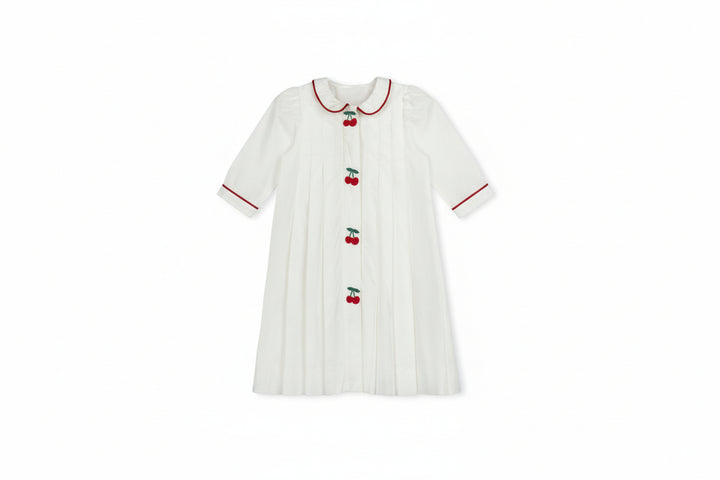 dress cherry embroidered with piped trim pleated - white
