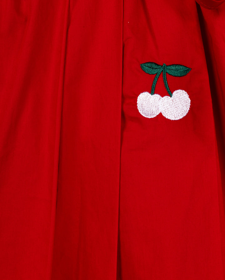 skirt pleated cherry embroidered with side bows - red