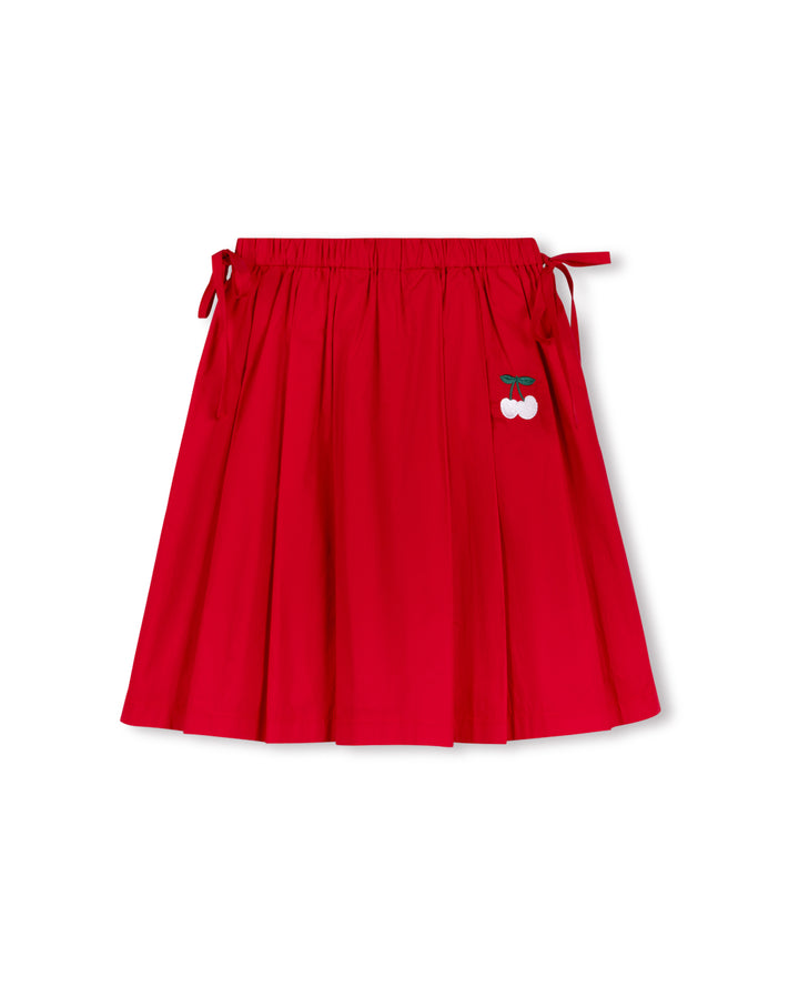 skirt pleated cherry embroidered with side bows - red