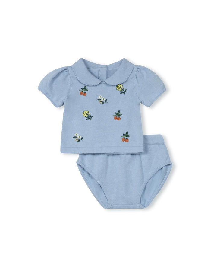 set outfit pinstriped embroidered shirt and bloomer - light blue