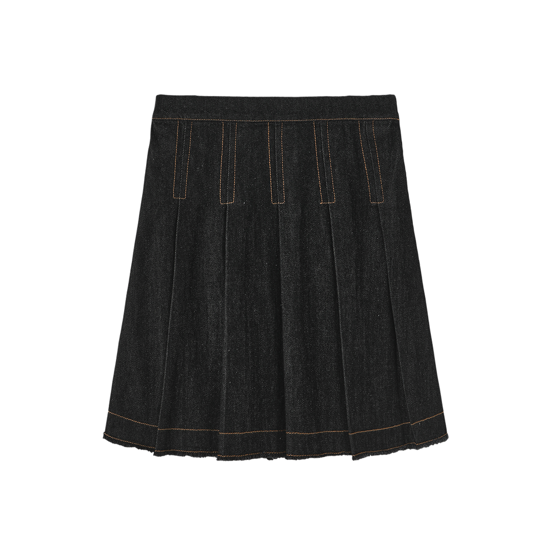 skirt denim pleated fringed hem - black denim