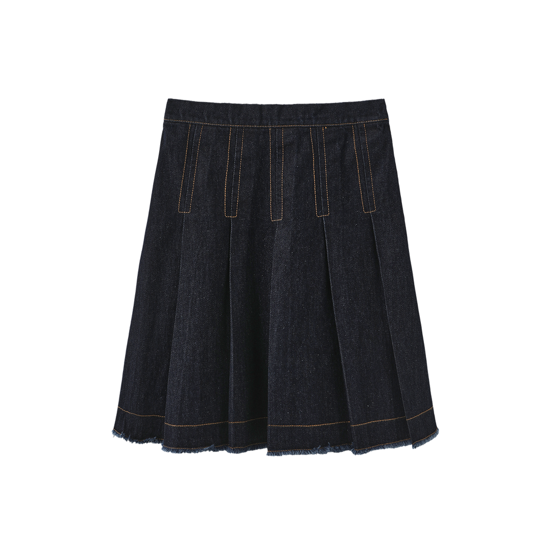 skirt denim pleated fringed hem - black denim