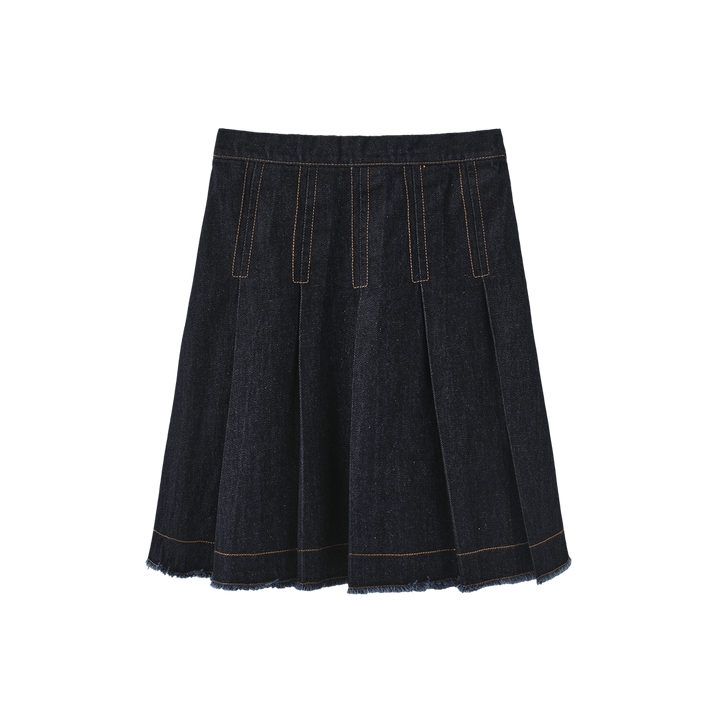 skirt denim pleated fringed hem - black denim
