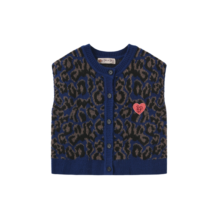 vest leopard knit button - blue