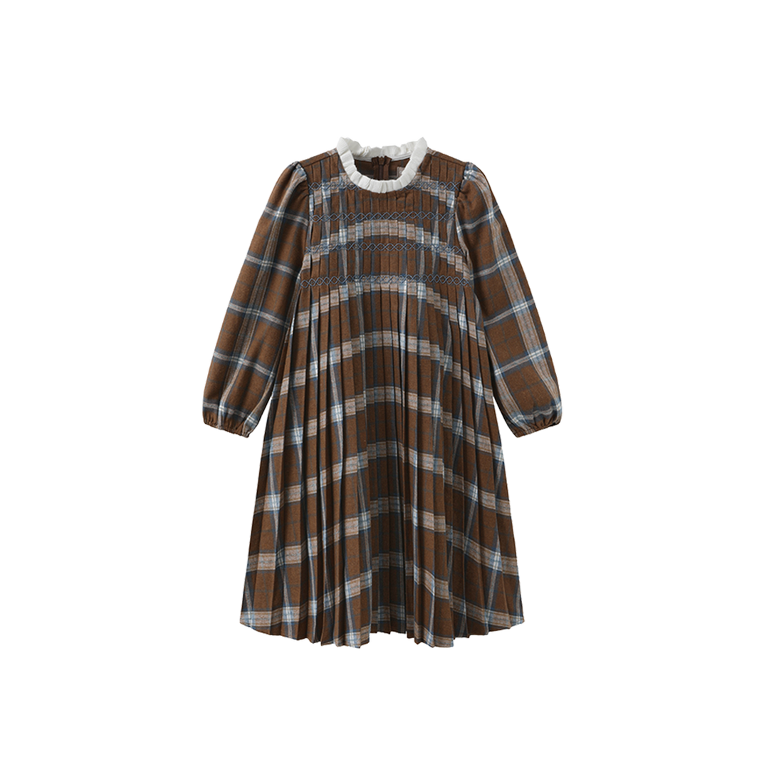 dress plaid pleated with knit collar - brown