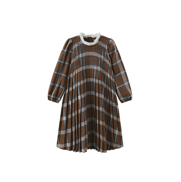 dress plaid pleated with knit collar - brown