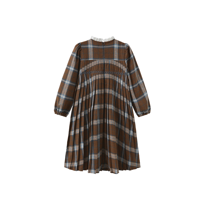 dress plaid pleated with knit collar - brown