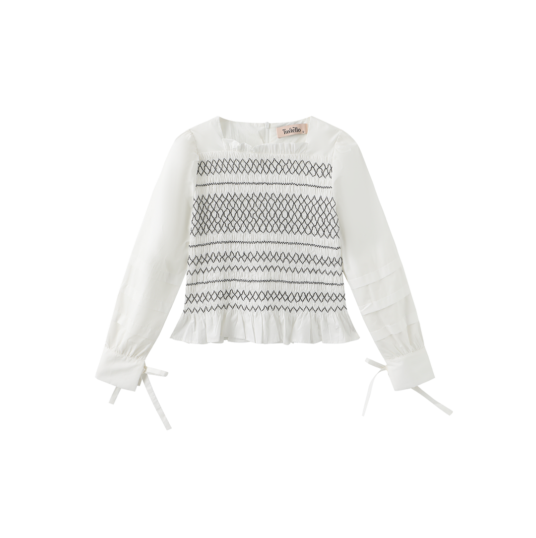 shirt l/s crop embroidered smock  - white/black