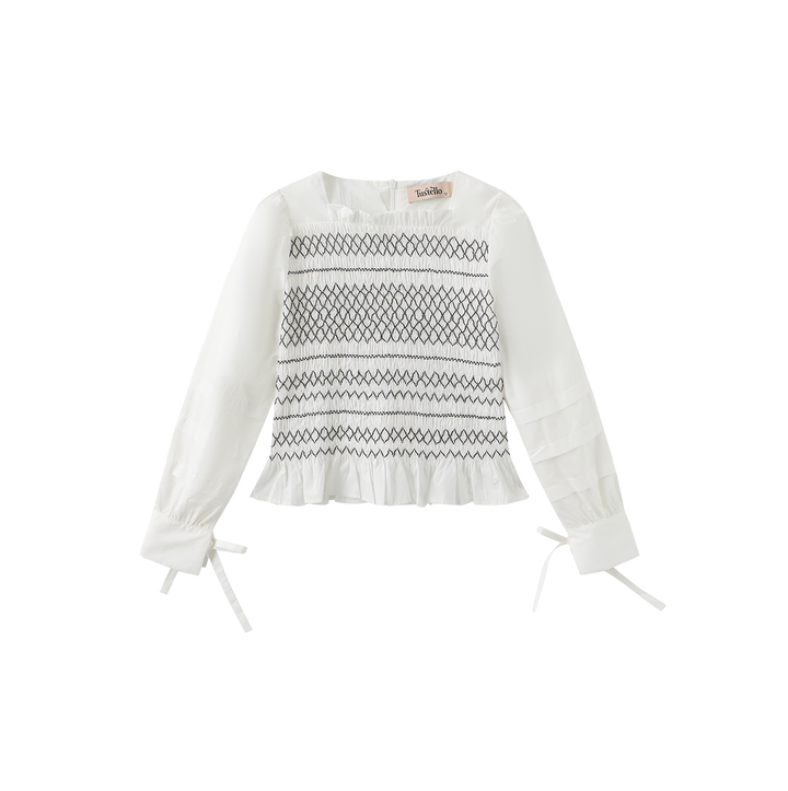 shirt l/s crop embroidered smock  - white/black