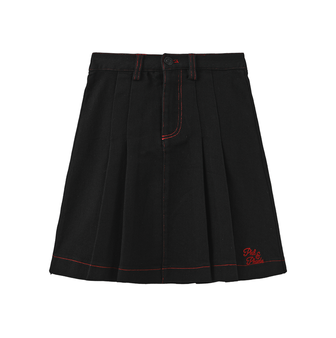 skirt denim pleated color stitch - black denim