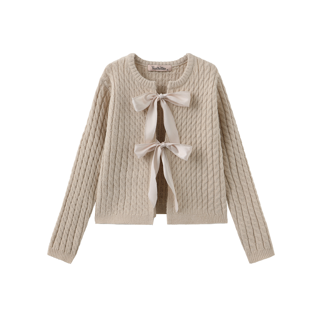 top l/s cable knit bow cardigan - oatmeal