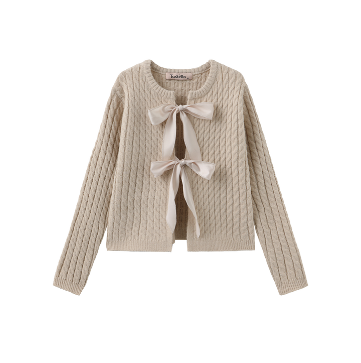 top l/s cable knit bow cardigan - oatmeal