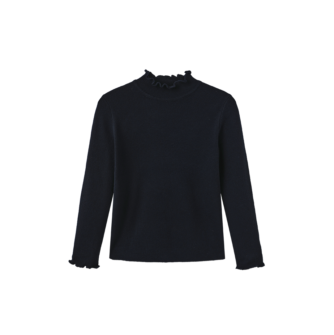 top l/s ruffle trim knit sweater - navy