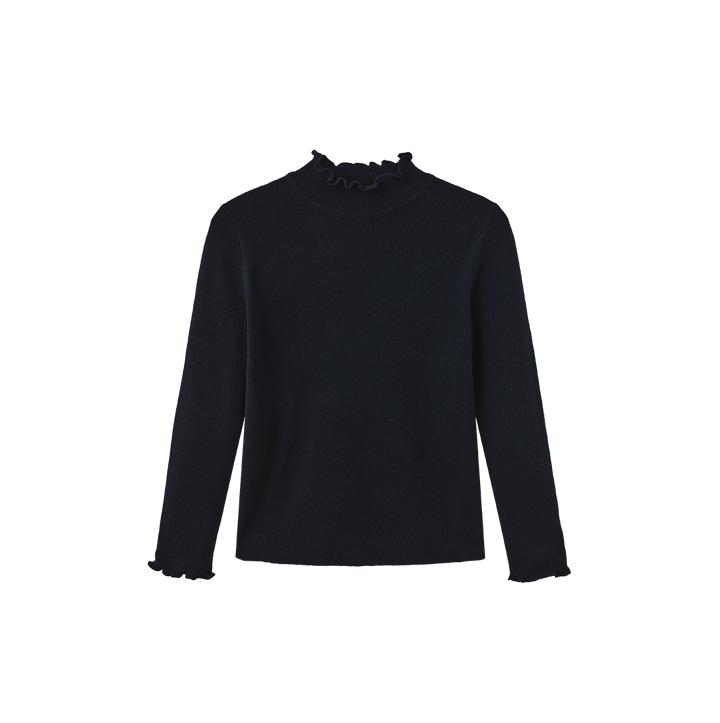 top l/s ruffle trim knit sweater - navy