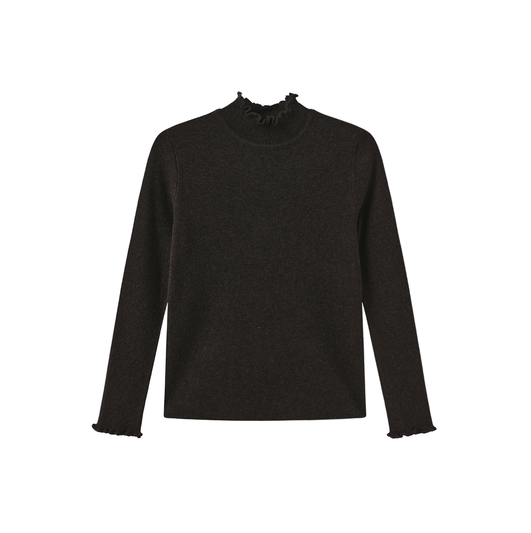 top l/s ruffle trim knit sweater - brown