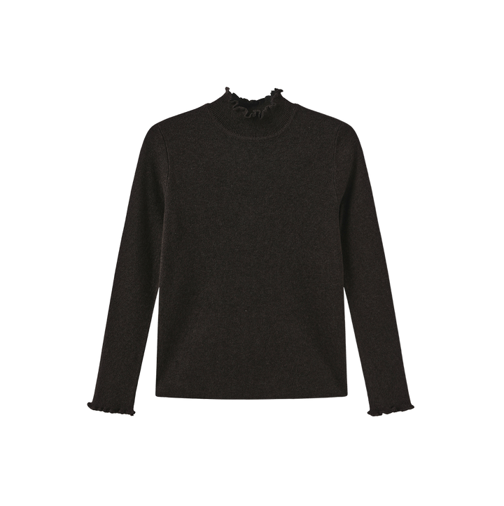 top l/s ruffle trim knit sweater - brown