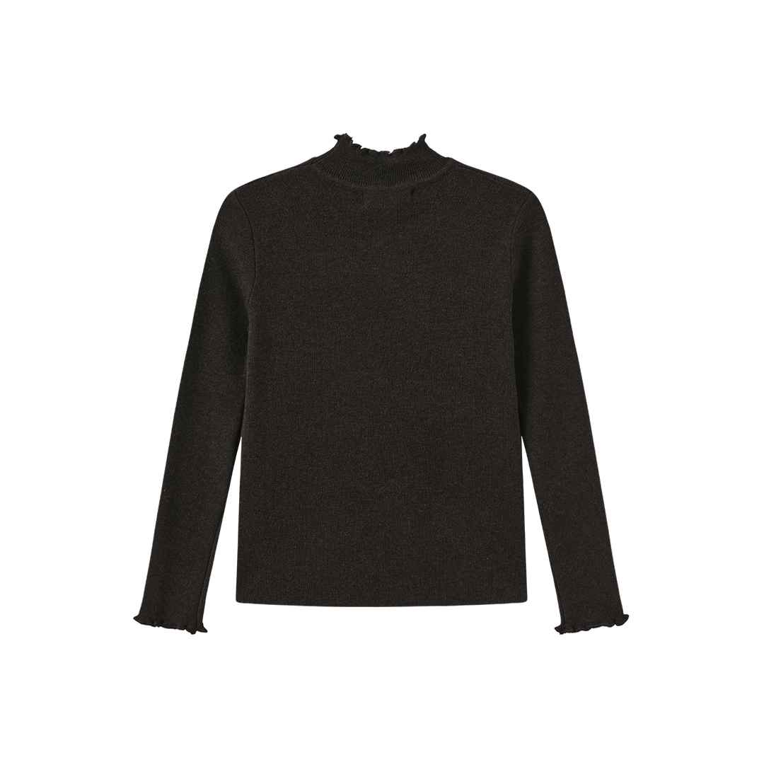 top l/s ruffle trim knit sweater - brown