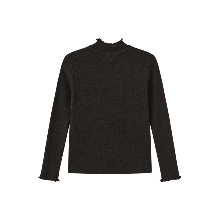 top l/s ruffle trim knit sweater - brown