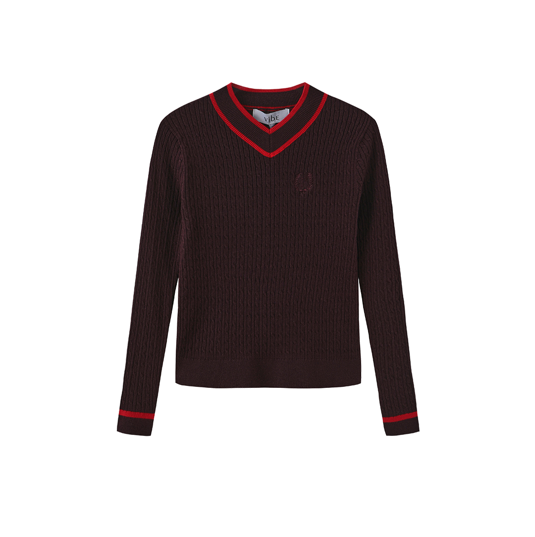 top l/s cable knit striped trim v sweater - purple