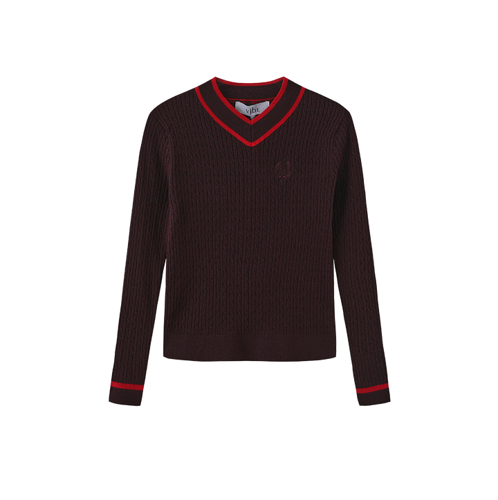 top l/s cable knit striped trim v sweater - purple