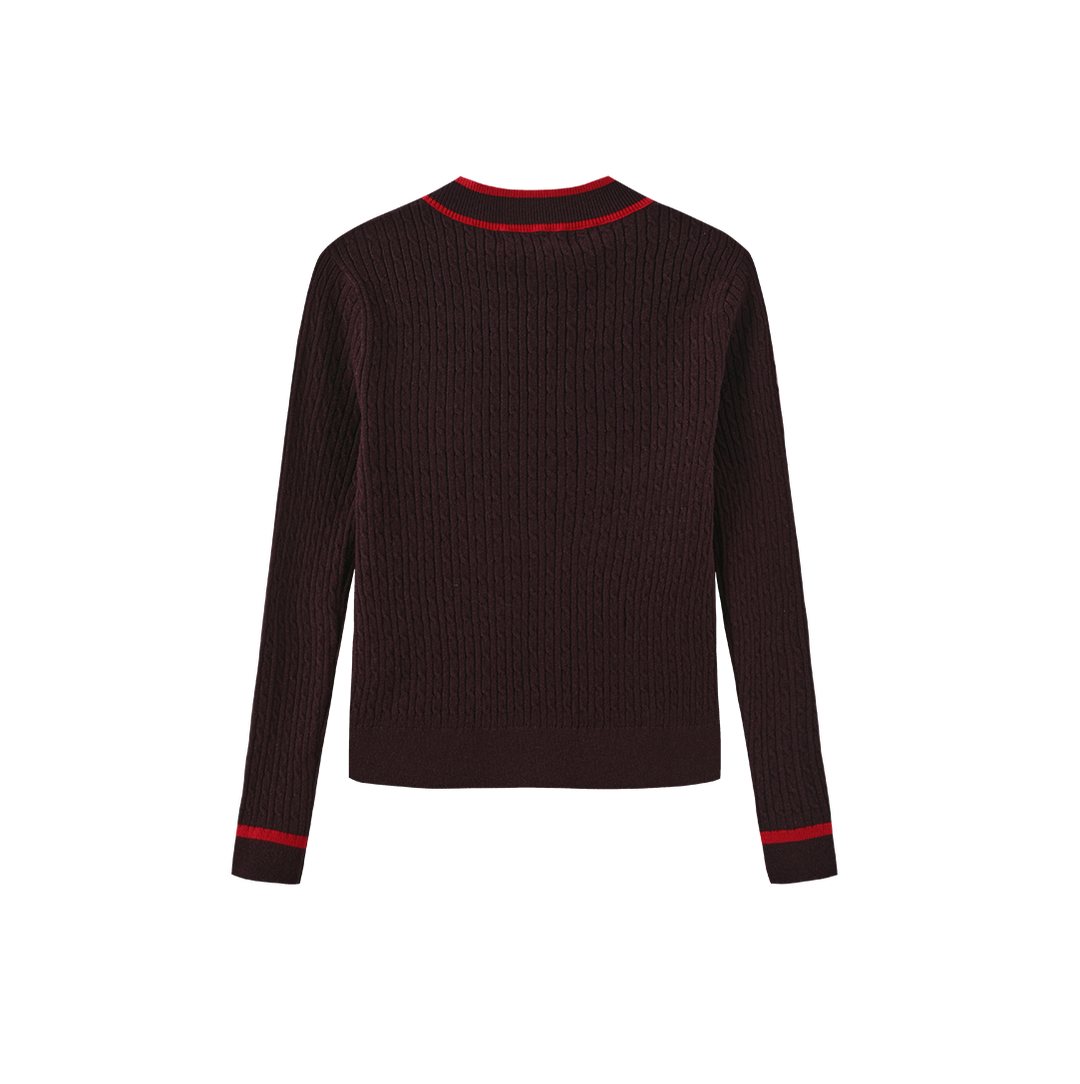 top l/s cable knit striped trim v sweater - purple