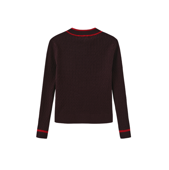 top l/s cable knit striped trim v sweater - purple