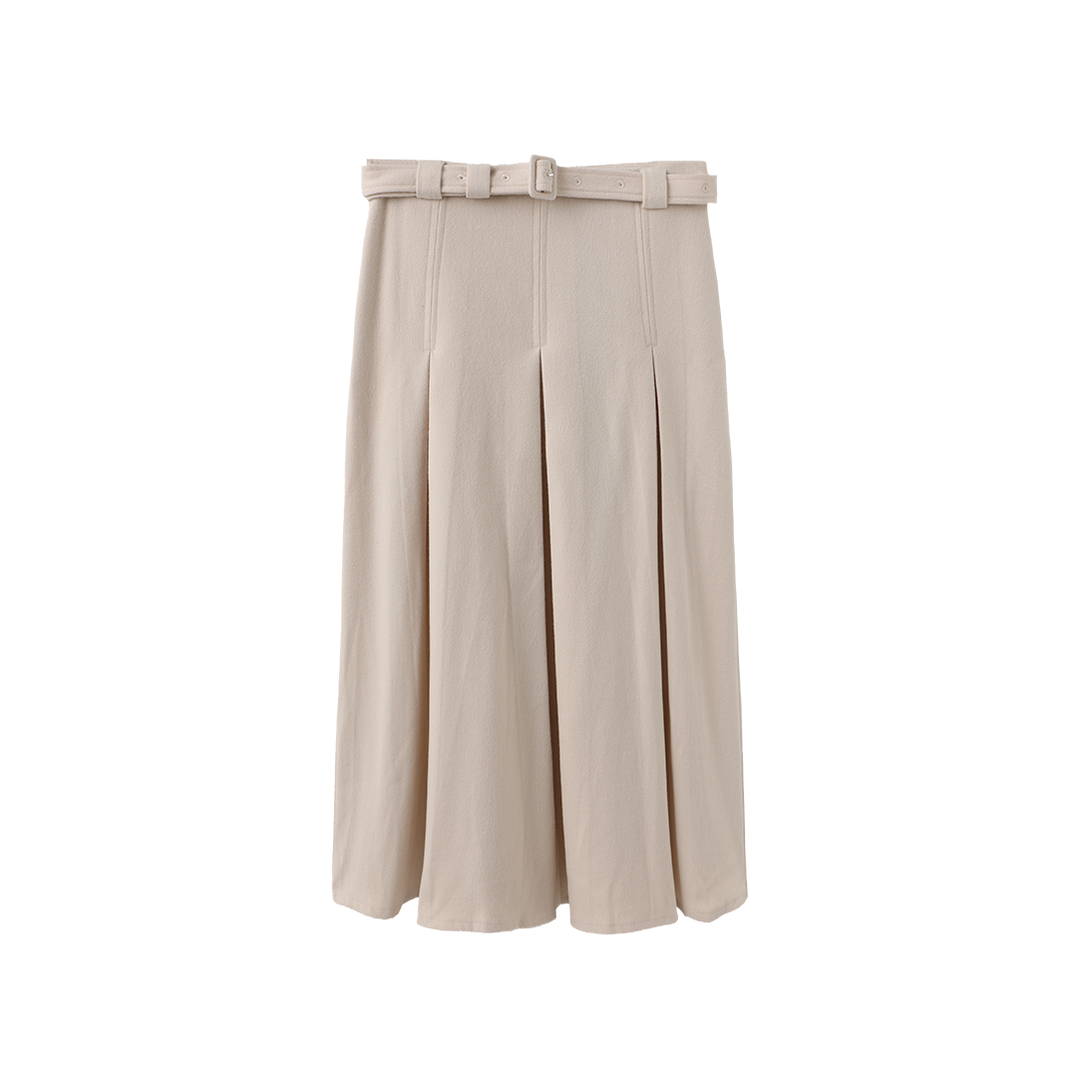 skirt wool wide pleated with waist belt - cream
