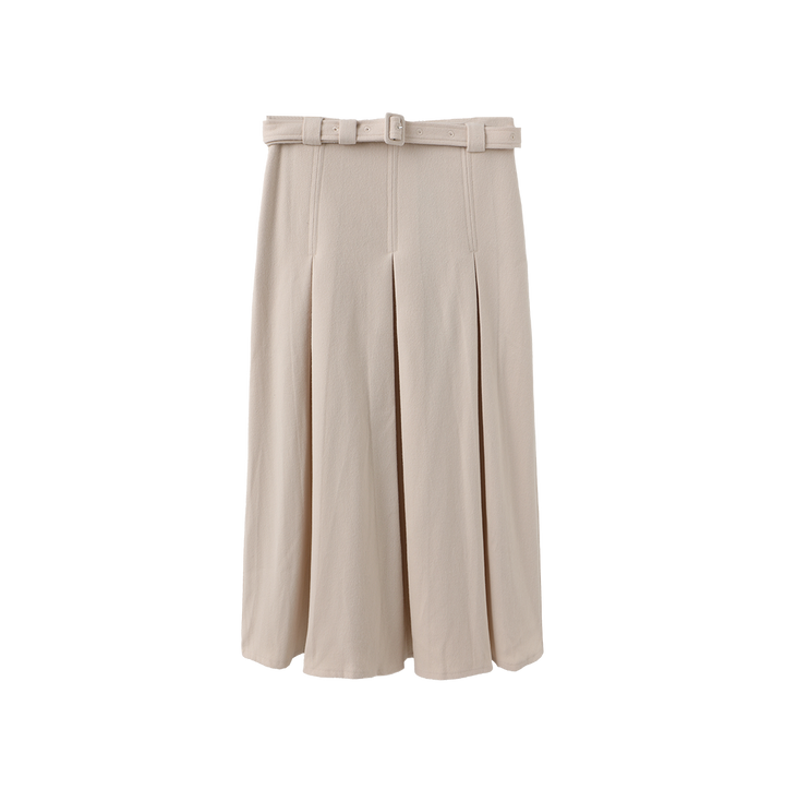 skirt wool wide pleated with waist belt - cream