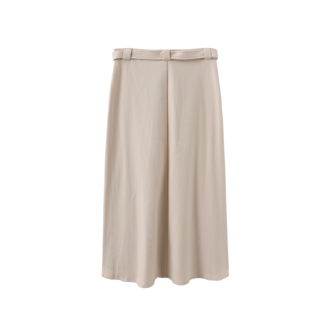 skirt wool wide pleated with waist belt - cream