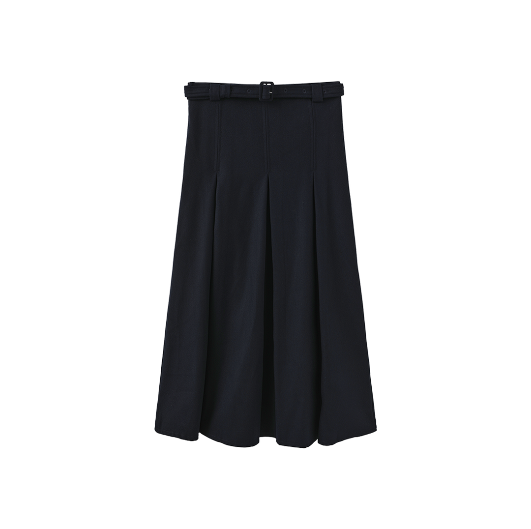 skirt wool wide pleated with waist belt - navy