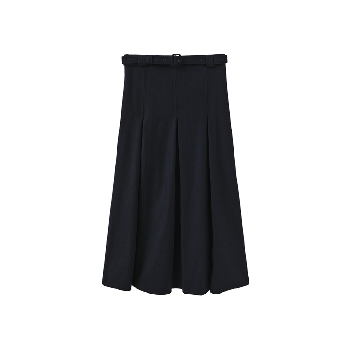 skirt wool wide pleated with waist belt - navy