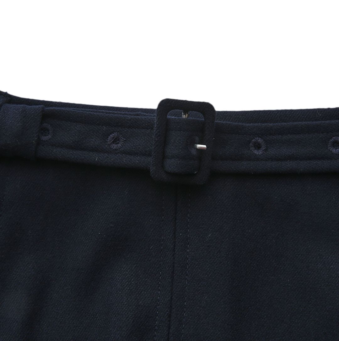skirt wool wide pleated with waist belt - navy