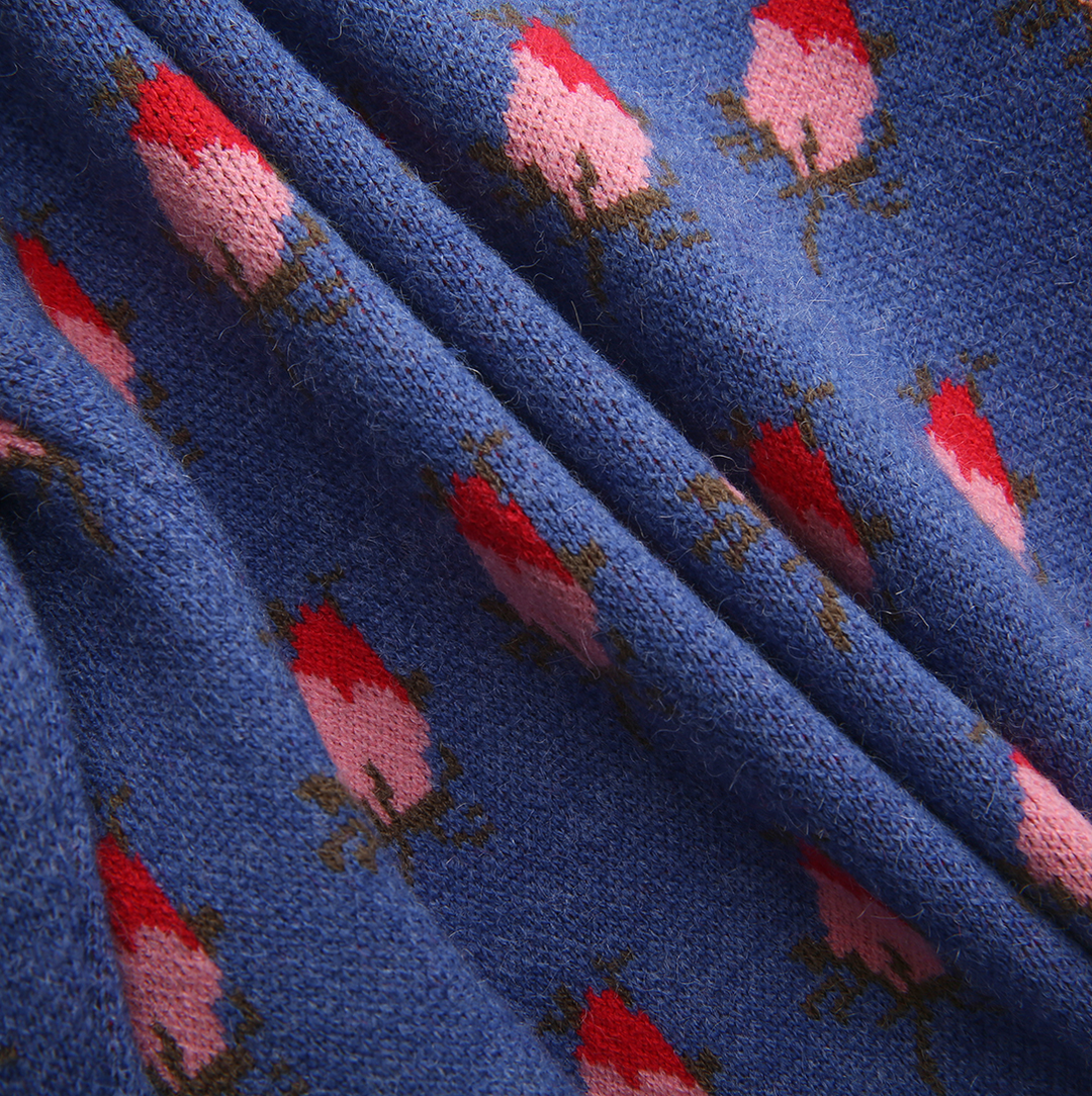 top l/s vintage floral knit cardigan - blue