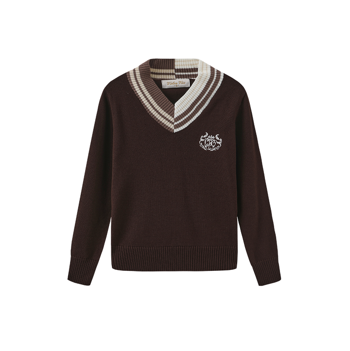 top l/s striped trim crest sweater - brown