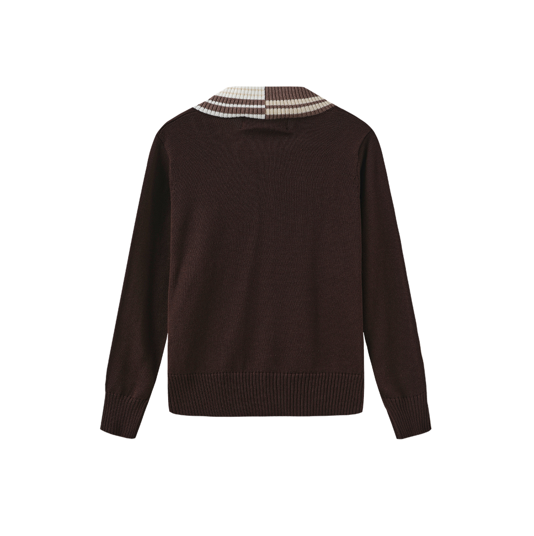 top l/s striped trim crest sweater - brown
