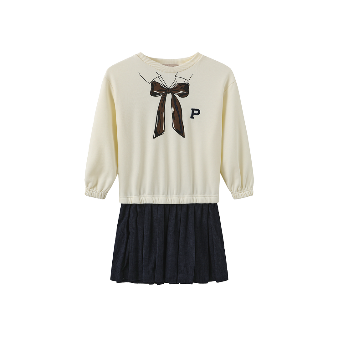 dress graphic bow tie sweat pleated bottom - cream