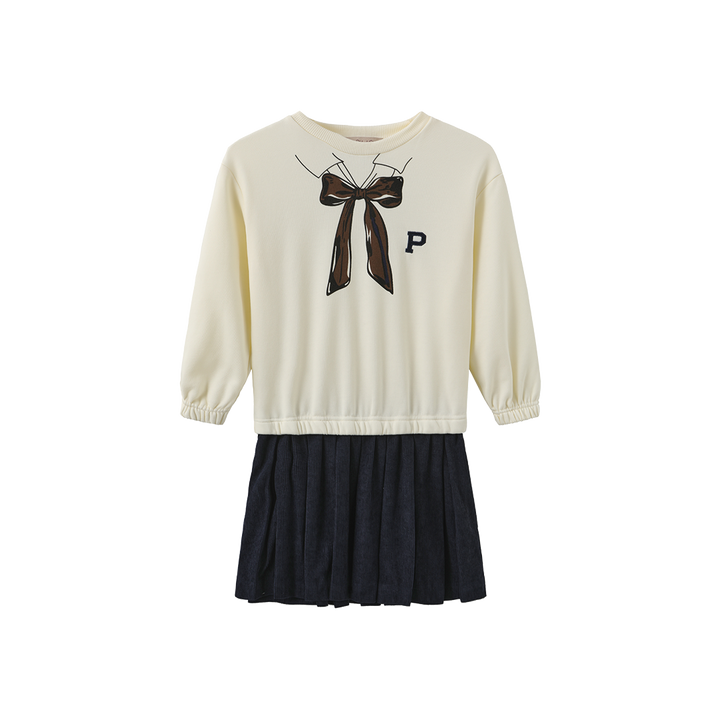 dress graphic bow tie sweat pleated bottom - cream