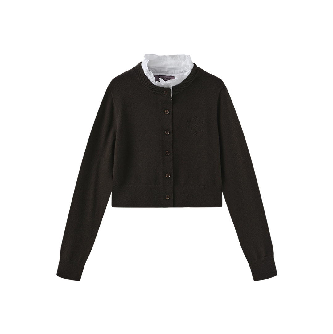 top l/s knit ruffle trim crest cardigan - brown