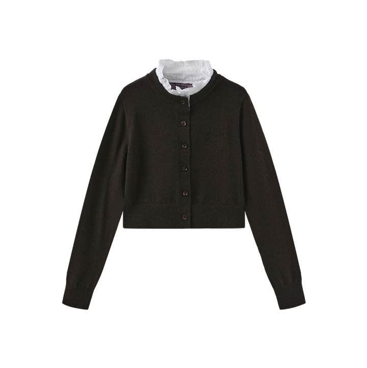top l/s knit ruffle trim crest cardigan - brown