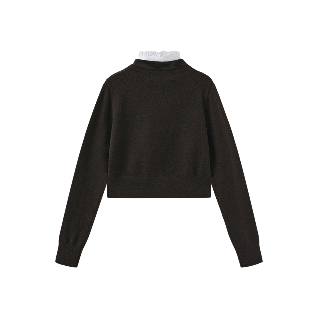 top l/s knit ruffle trim crest cardigan - brown