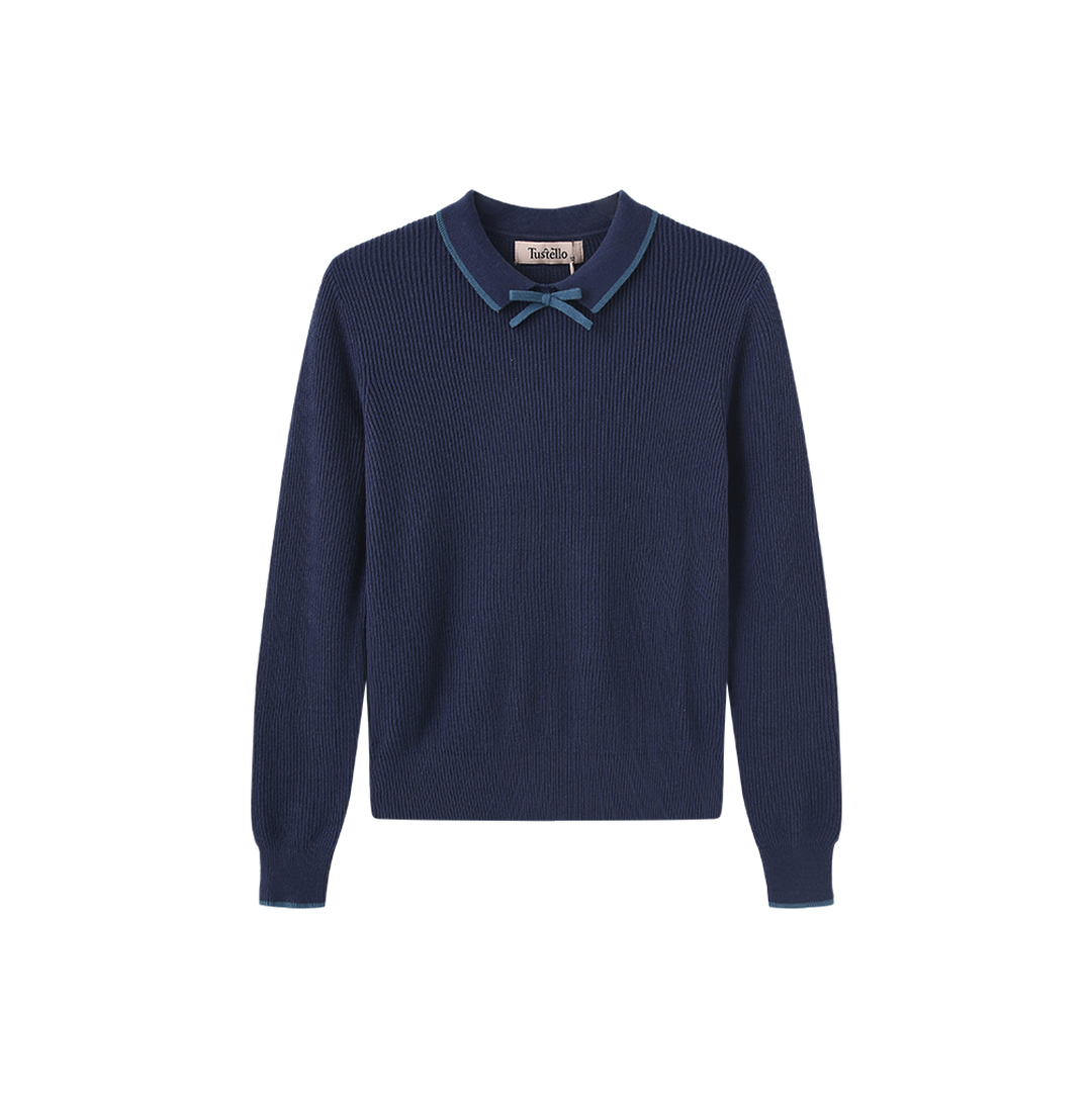 top l/s color trim collared sweater - navy