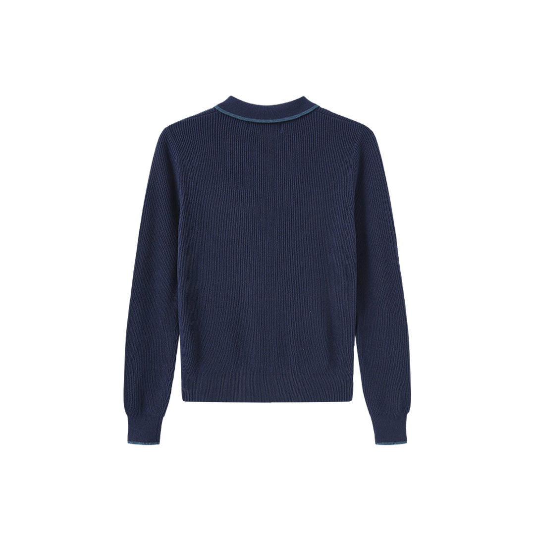 top l/s color trim collared sweater - navy