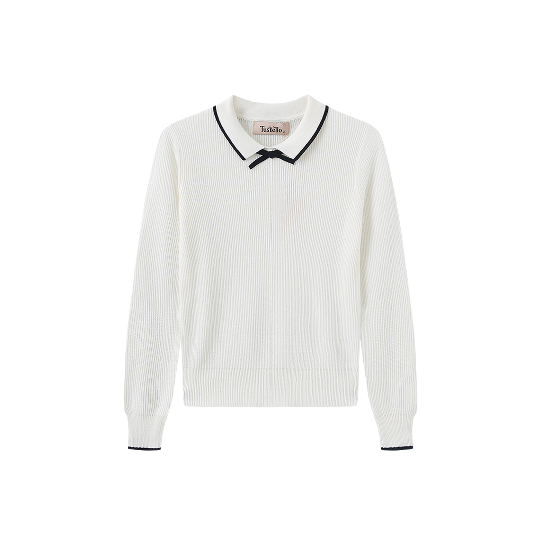 top l/s color trim collared sweater - ivory