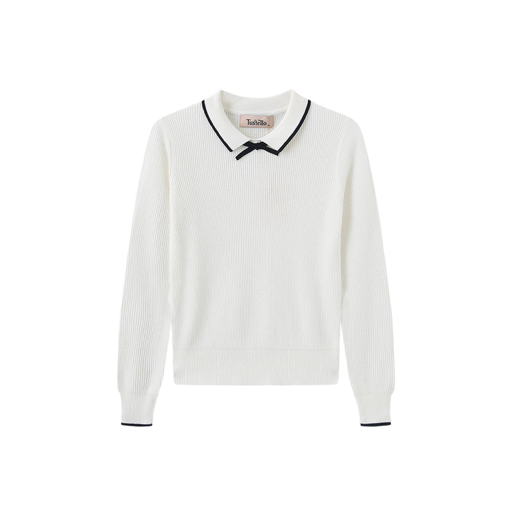 top l/s color trim collared sweater - ivory