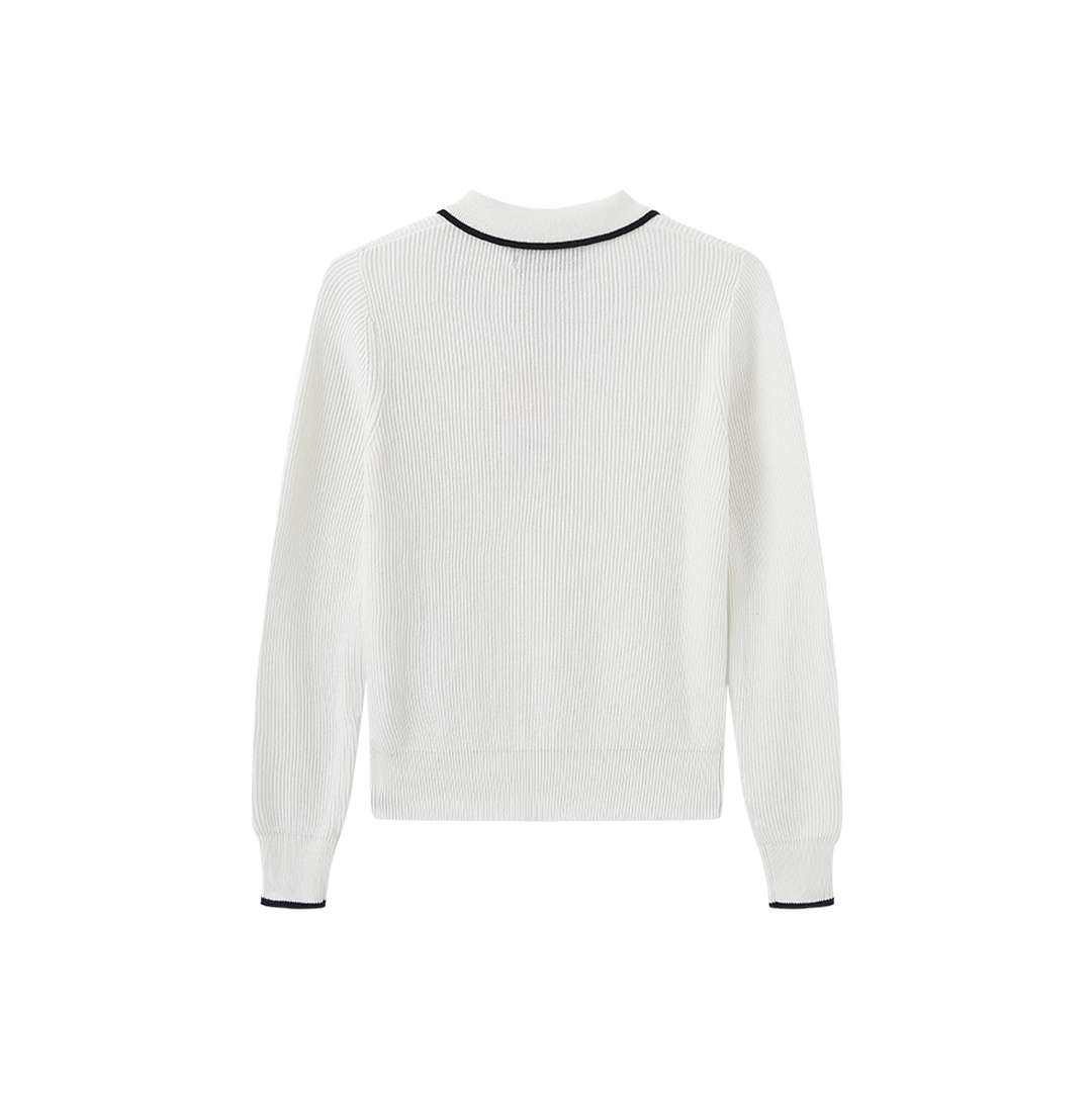 top l/s color trim collared sweater - ivory