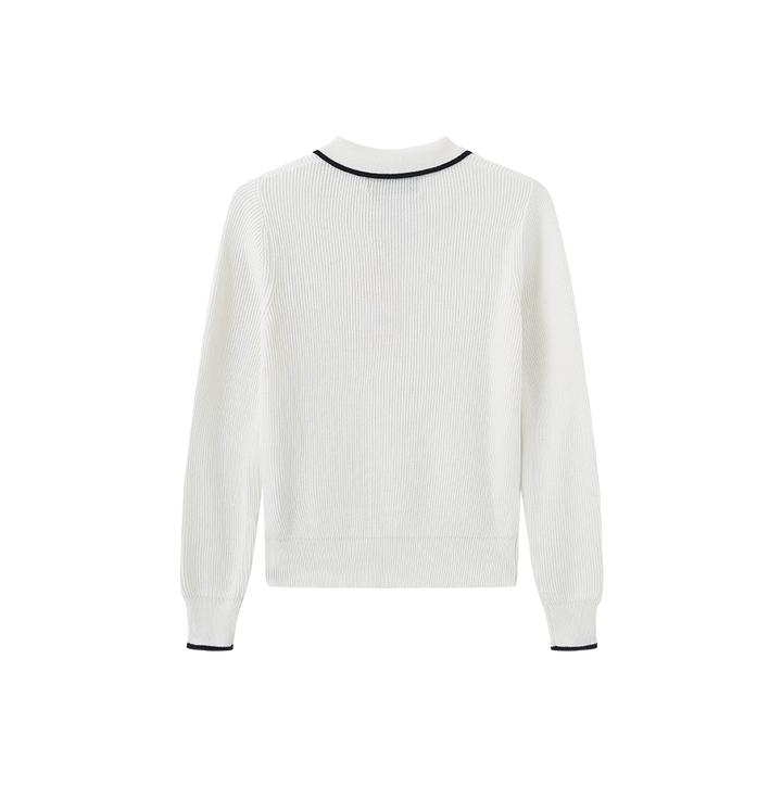 top l/s color trim collared sweater - ivory