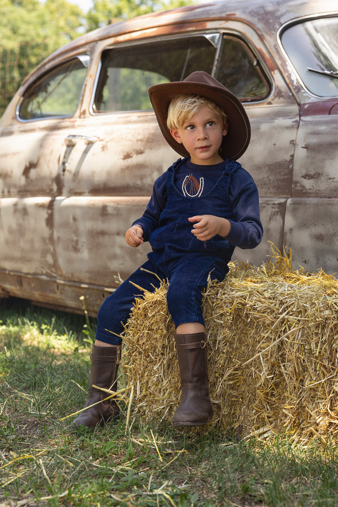 set outfit gallop tee and corduroy long romper - classic navy