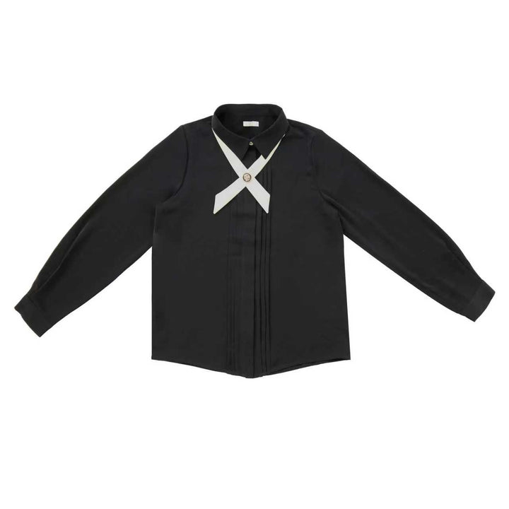 shirt l/s front pleated blouse with colored collar and cuffs - black