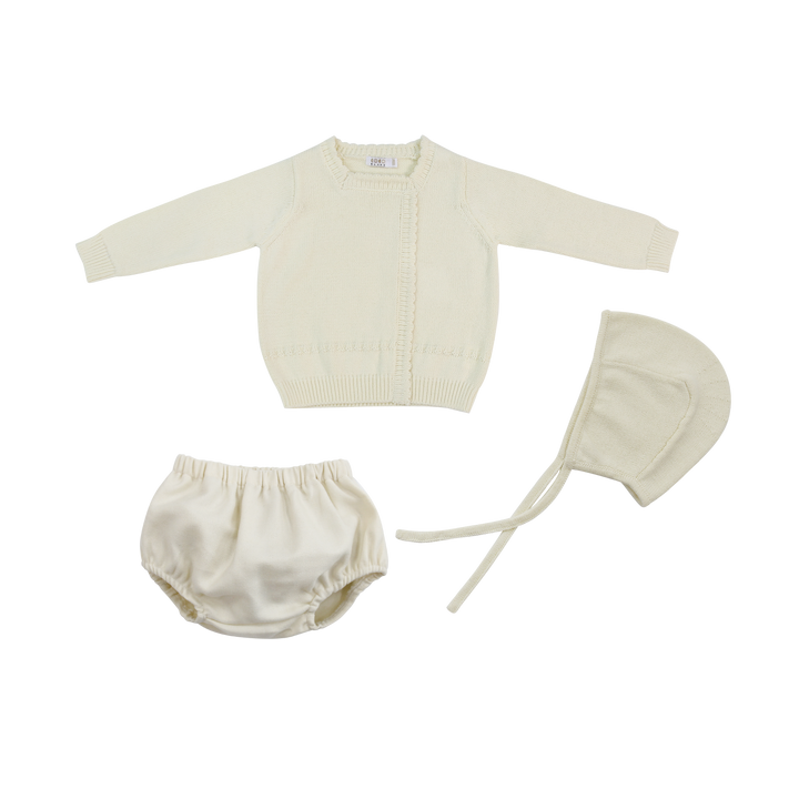set outfit square neck knit sweater and bloomer with bonnet - cream