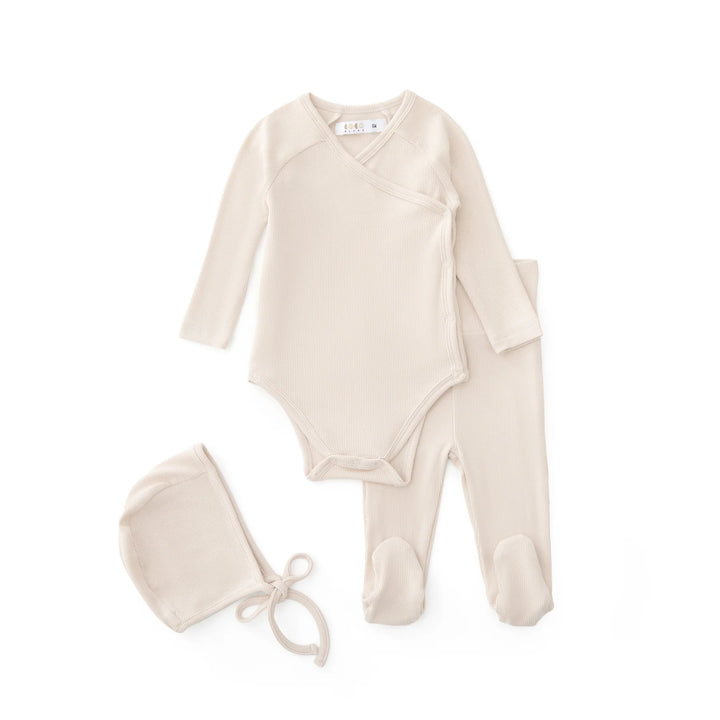 set knit wrap onesie and footie pants with bonnet - pale pink
